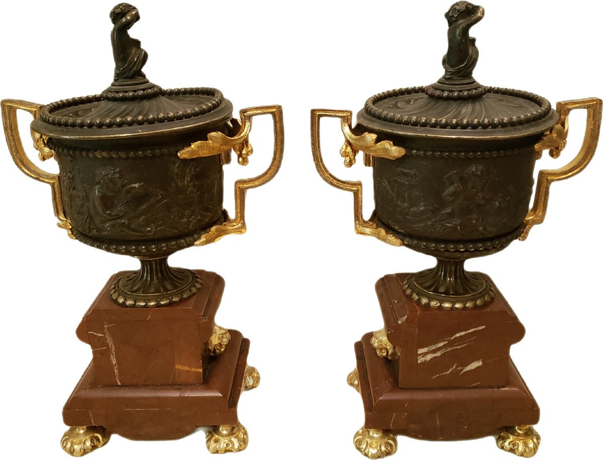 Pair Of Cassolettes In Bronze And Marble Truquin Napoleon III-photo-3