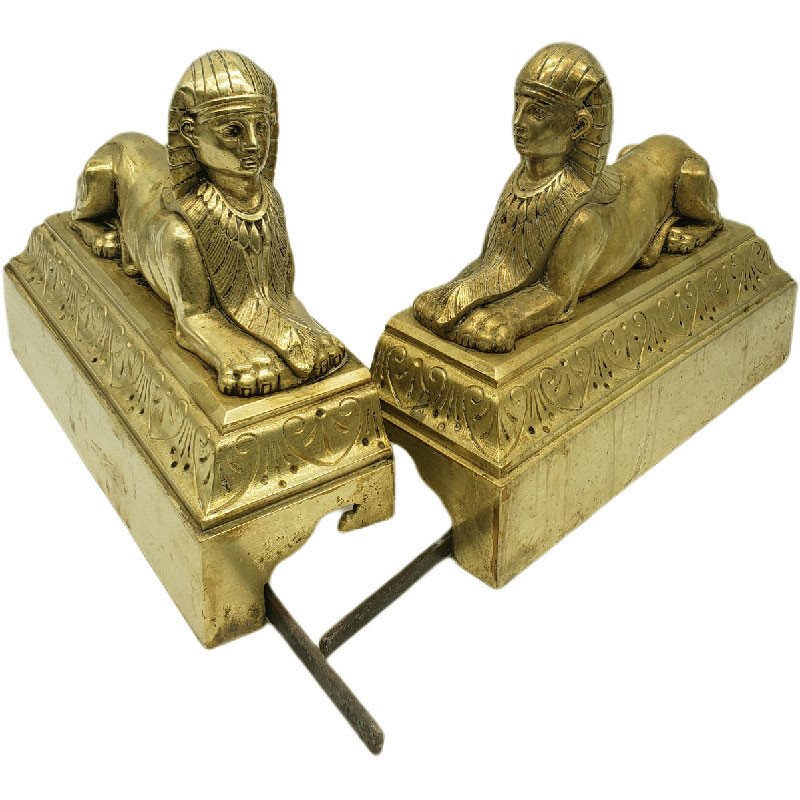 Claude Galle In The Taste Pair Of Chenets Empire Golden Bronze With Sphinx XIXth-photo-1