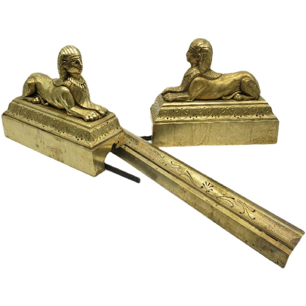 Claude Galle In The Taste Pair Of Chenets Empire Golden Bronze With Sphinx XIXth-photo-7