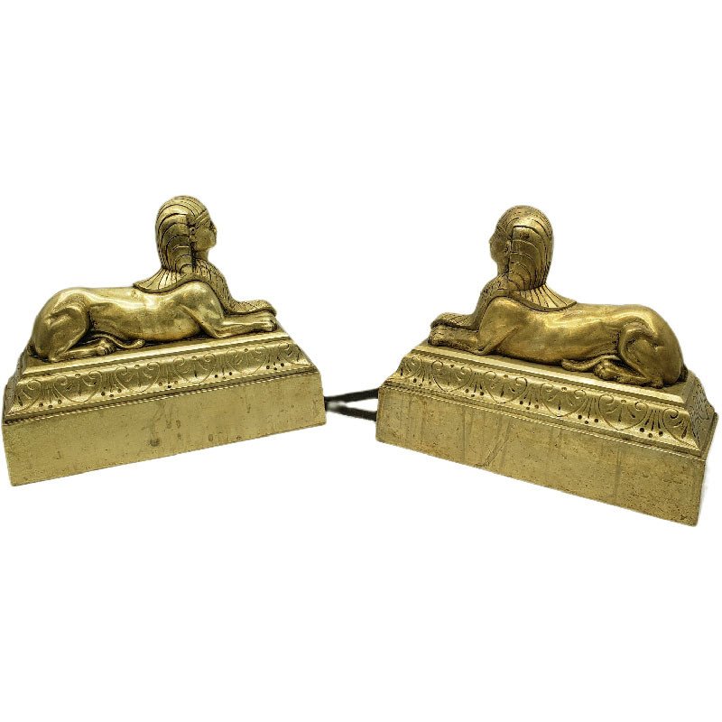 Claude Galle In The Taste Pair Of Chenets Empire Golden Bronze With Sphinx XIXth