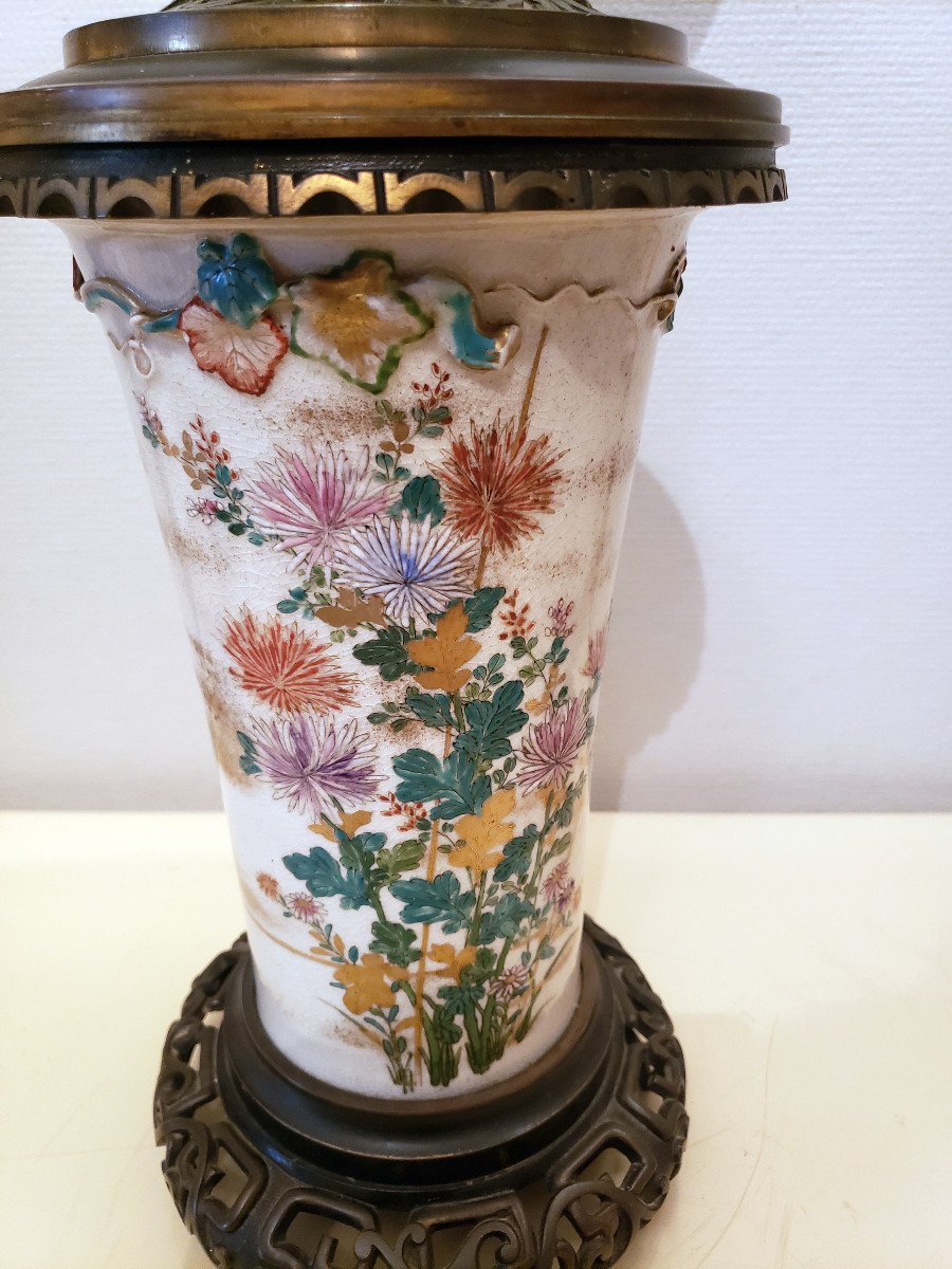 Lampe A Huile Porcelaine Chine & Bronze XIXeme Decor  EmaillÉ Fleurs De Chrysantheme-photo-3