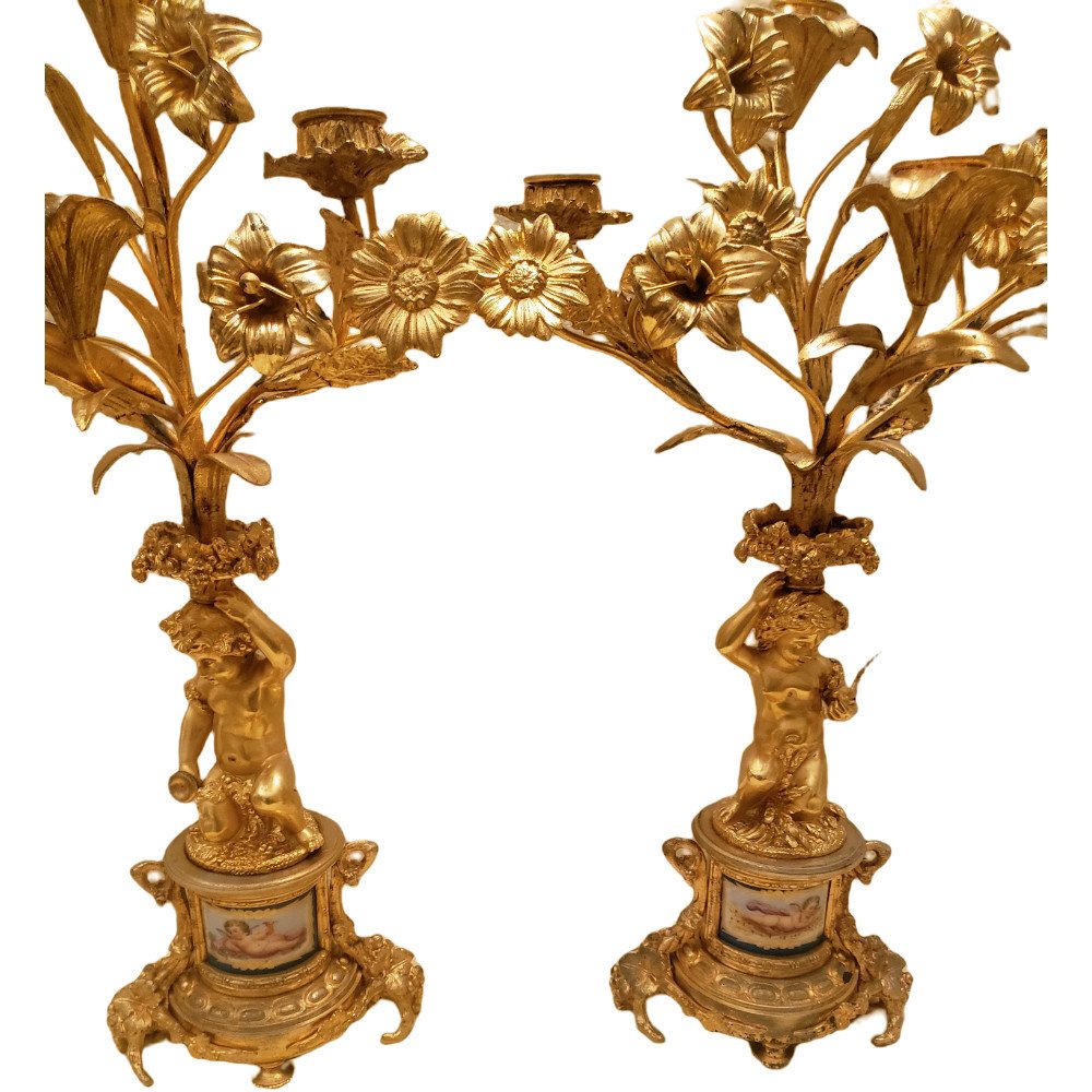 Pair Of Louis XVI Candelabra In Gilt Bronze And Sèvres Porcelain Plate-photo-2