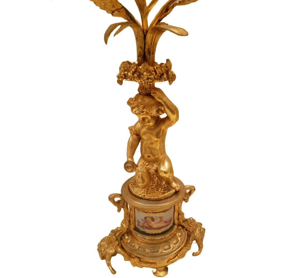 Pair Of Louis XVI Candelabra In Gilt Bronze And Sèvres Porcelain Plate-photo-2