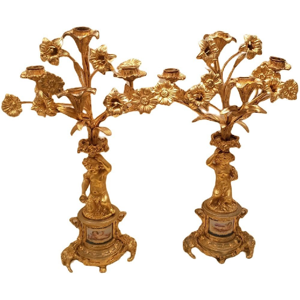 Pair Of Louis XVI Candelabra In Gilt Bronze And Sèvres Porcelain Plate