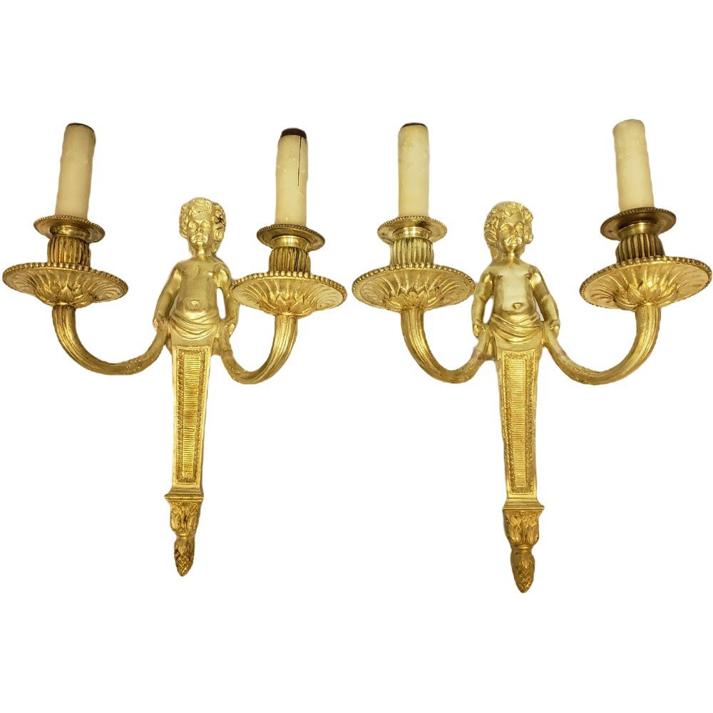 Pair Of Louis XVI Sconces In Chiseled And Gilded Bronze With Putto XIXth Napoleon III