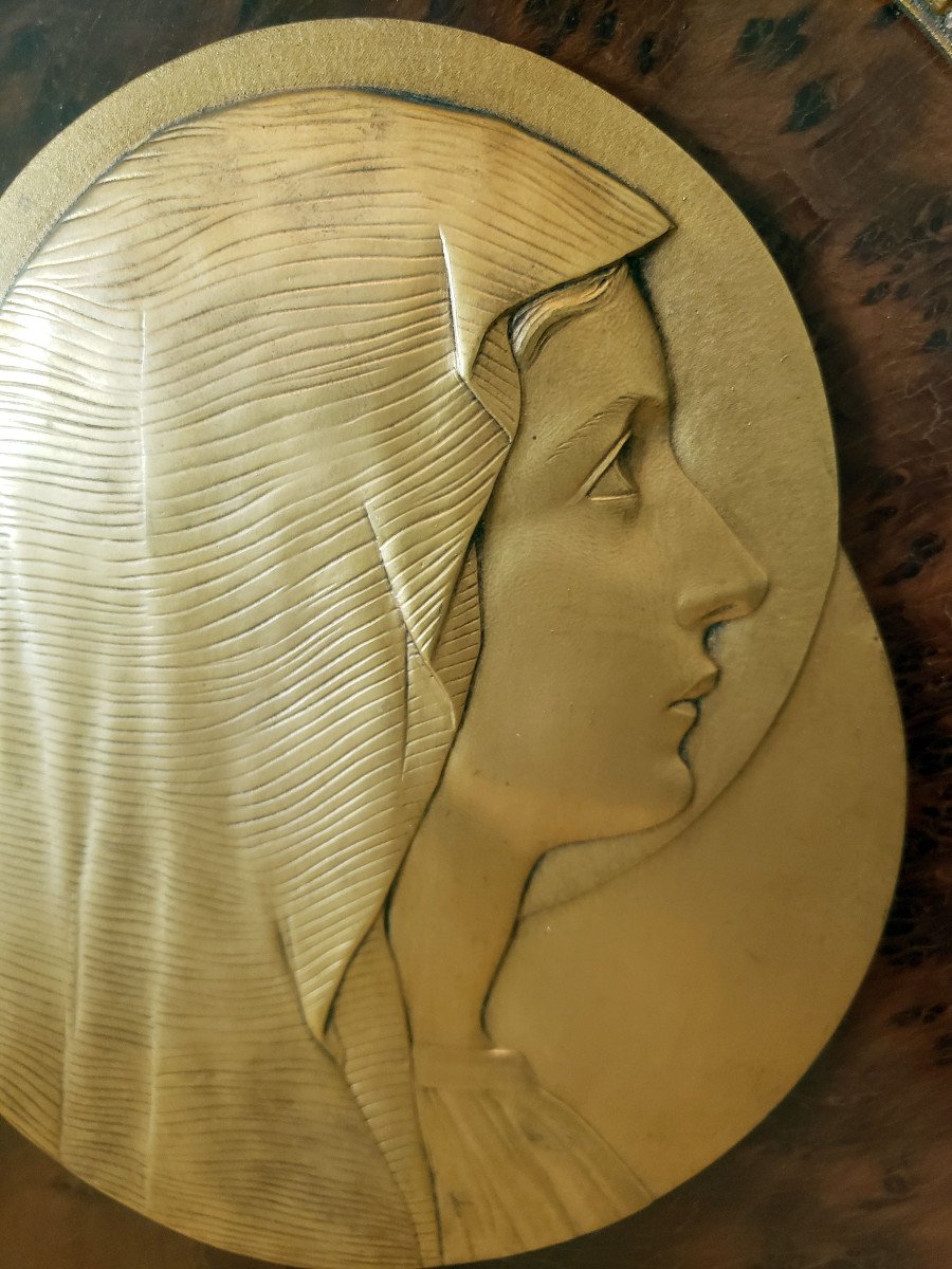 Emile Monier Medallion Virgin Benitier Golden Wood Frame Art Deco-photo-2
