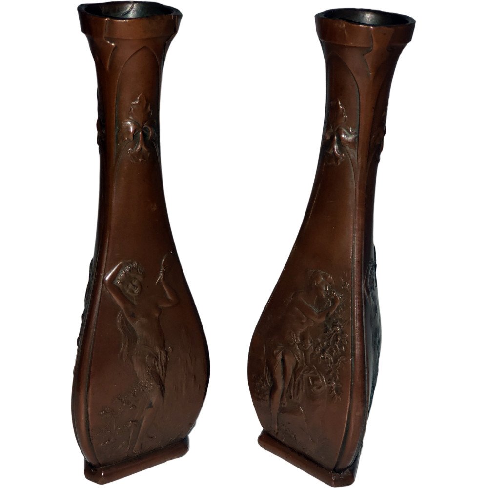 Paire De Vases Art Nouveau Decor Trois Faces Patine Bronze Médaille-photo-6