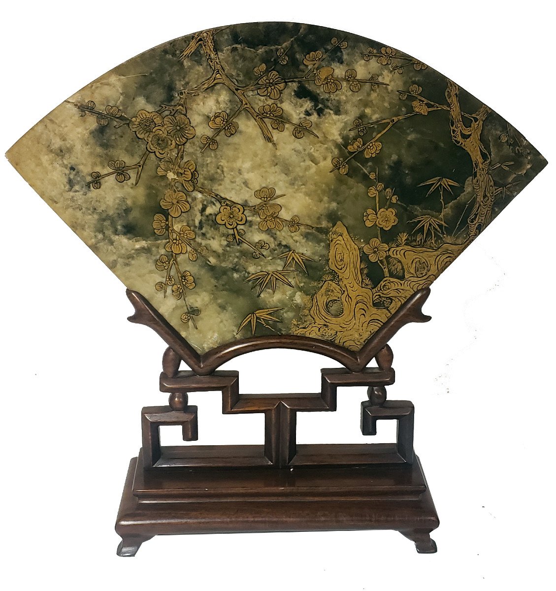 18th Century Literary Screen In Jade And Stones Hard Mother Of Pearl Decor Double Sides-photo-3