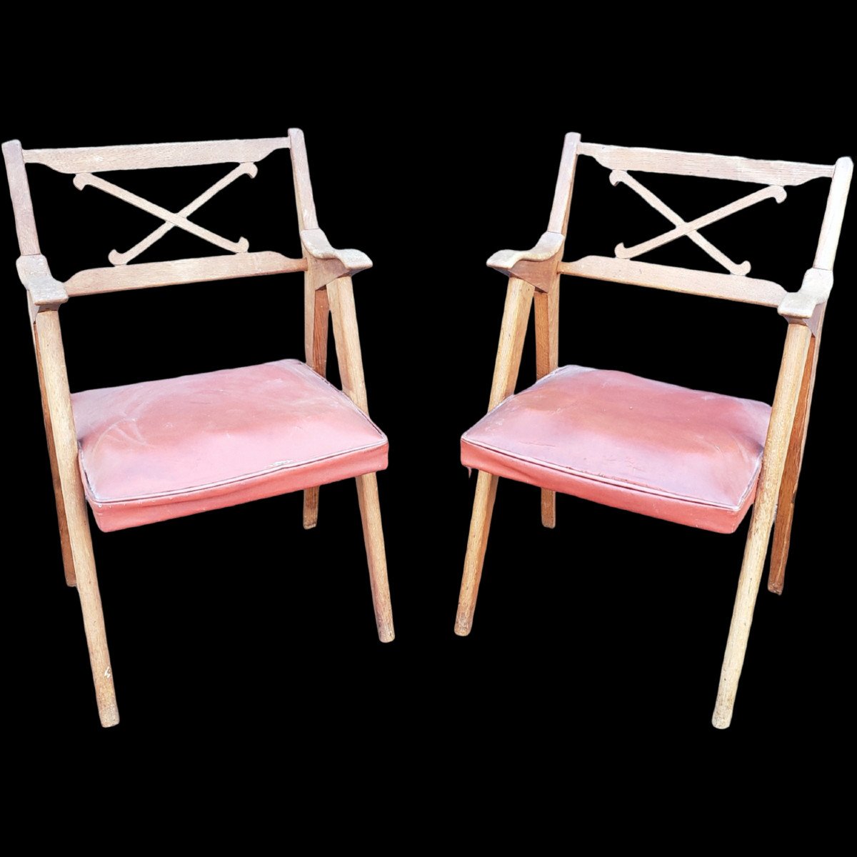 Pierre Jeanneret Pair Of Armchairs In Blond Oak And Skai Circa 1940-photo-2