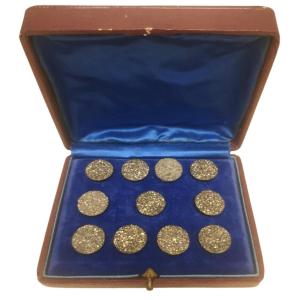 Box Of 11 Solid Silver And Pyrite Buttons, 19th Century 