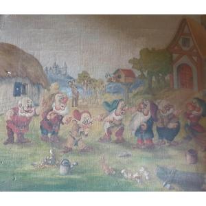 Walt Disney Huile Sur Toile Signé LW 1951 Les Sept Nains 