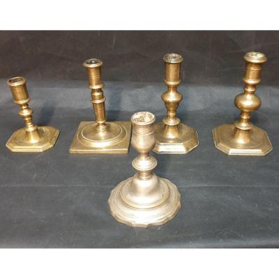 5 Bronze Candlesticks Four 17th And An 18th Haute Epoque Candlestick