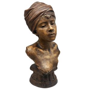 Emmanuel Villanis 1858-1914 Bust Young Orientalist Woman With Creoles And Terracotta Turban