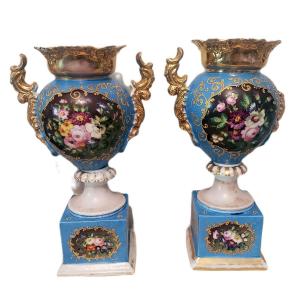 Pair Of Napoleon III Vases In Paris Porcelain Bleu De Sèvres