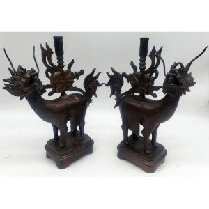 Pair Of Dragons Or China Asian Fô Dog In Bronze XIXth