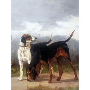 Gaston Carville XIXth Century Hunting Dogs Oil On Canvas