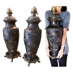 Spectacular Pair Of Bronze Decor Vase Lamps With Monkeys Meiji Japan