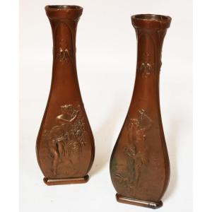 Pair Of Art Nouveau Vases Decor Three Faces Patina Bronze Medal