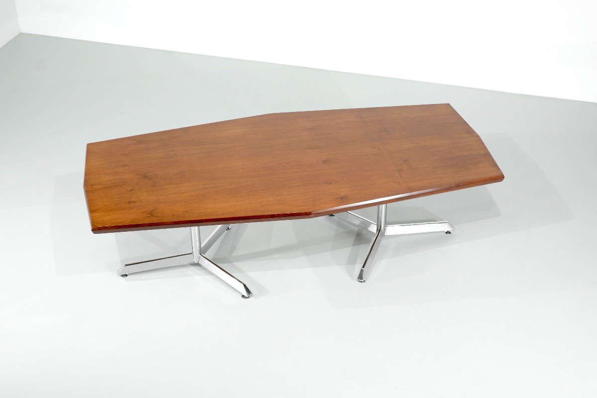 Wooden Conference Table On Metal Frame, Italy 1970s.