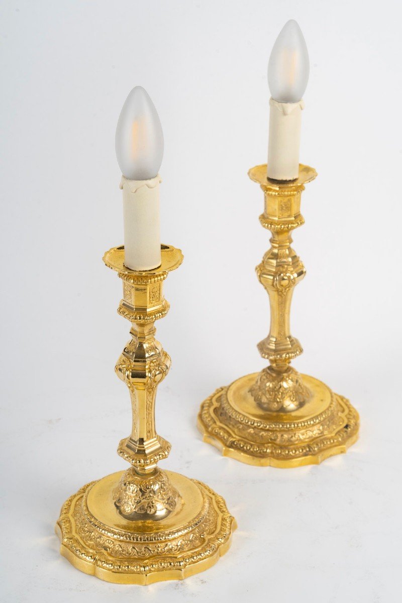 Pair Of French 19th Century Regence Style Ormolu Candlesticks 