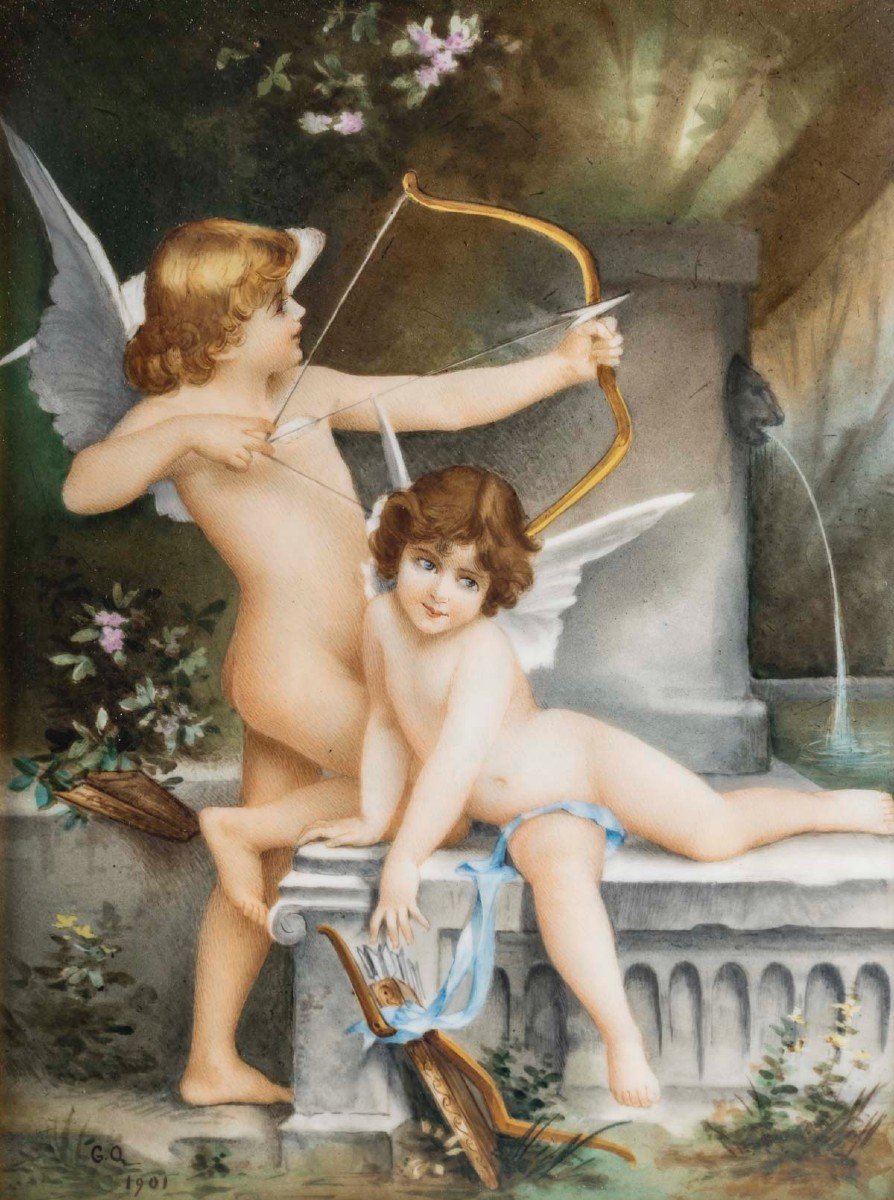 Les Amours à La Fontaine,  Plaque En Porcelaine Polychrome, Circa 1900-photo-2