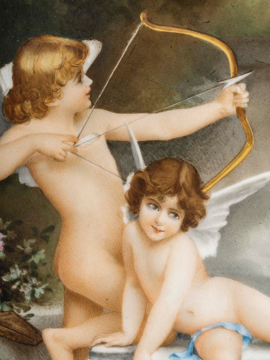 Les Amours à La Fontaine,  Plaque En Porcelaine Polychrome, Circa 1900-photo-3