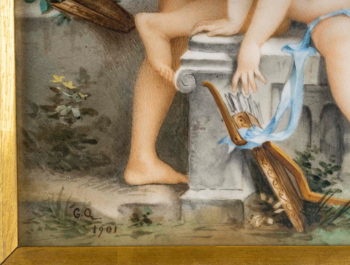 Les Amours à La Fontaine,  Plaque En Porcelaine Polychrome, Circa 1900-photo-1