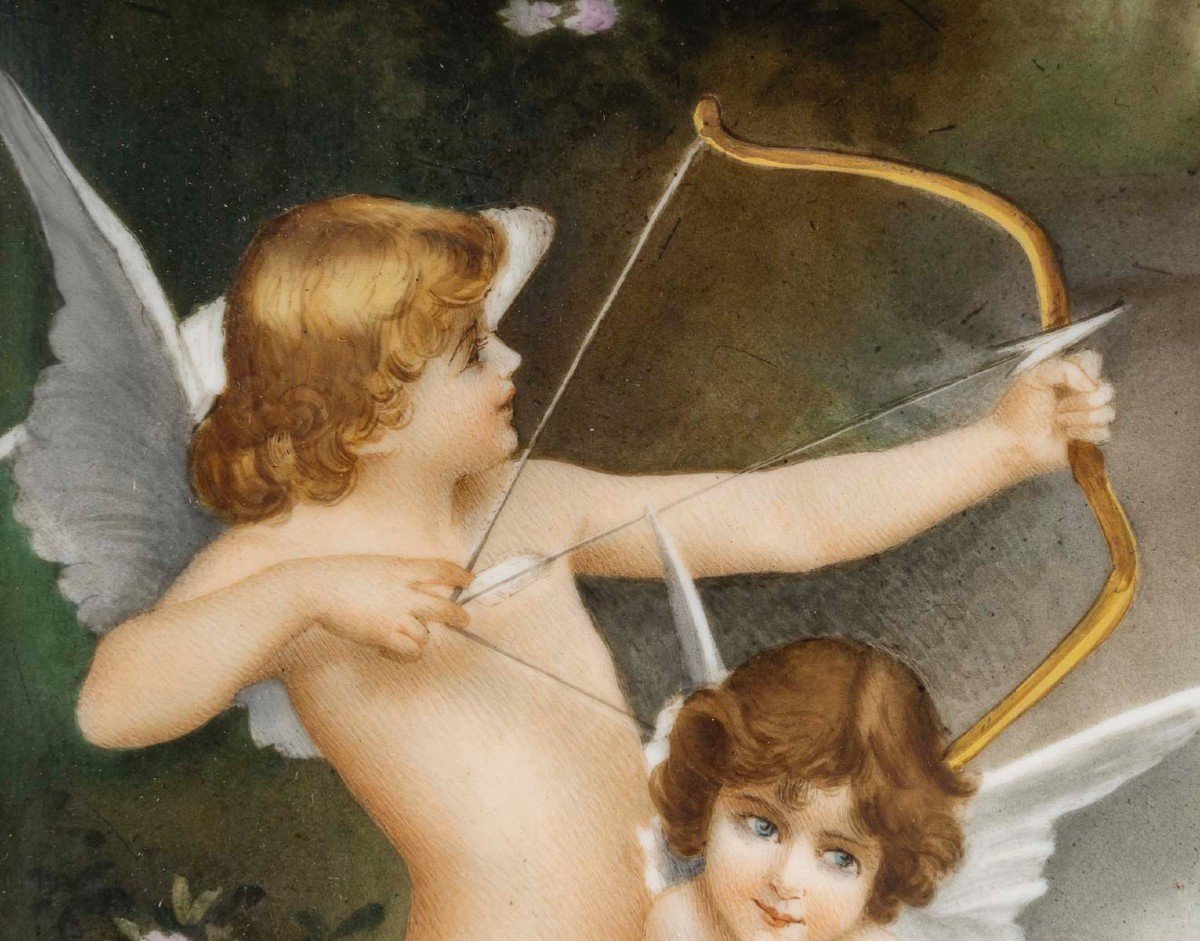 Les Amours à La Fontaine,  Plaque En Porcelaine Polychrome, Circa 1900-photo-2