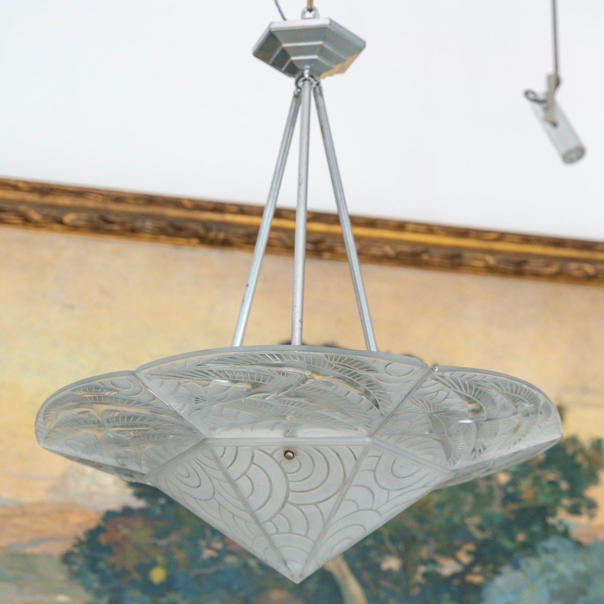 A Pierre d'Avesn Art Deco Frosted Glass Hanging Light Circa 1930-photo-4