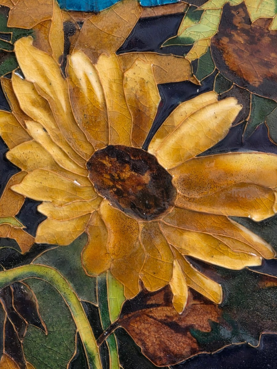 “Tournesols” Plat Encadré en Faïence Polychrome, circa 1860-photo-2