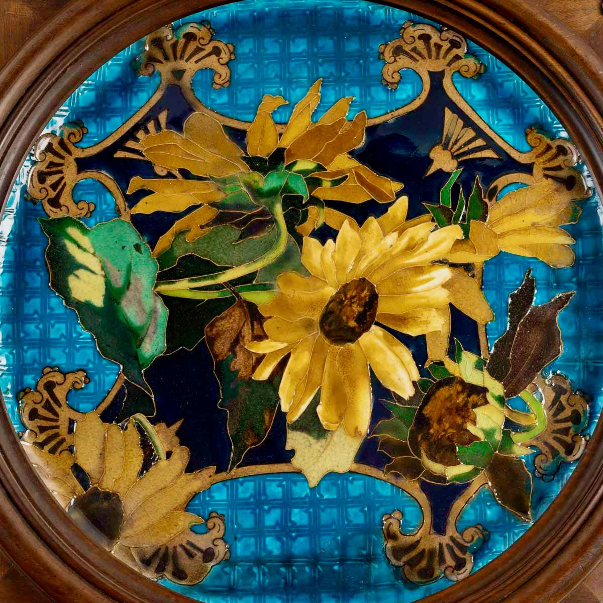 “Tournesols” Plat Encadré en Faïence Polychrome, circa 1860-photo-3