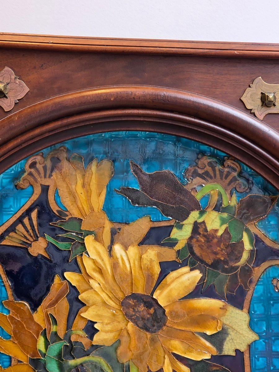 “Tournesols” Plat Encadré en Faïence Polychrome, circa 1860-photo-1