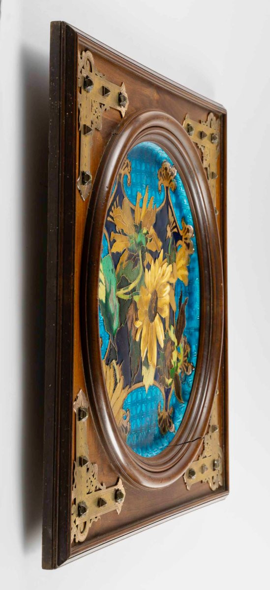 “sunflowers “a 19th Century Aesthetic Movement Framed Charger-photo-4