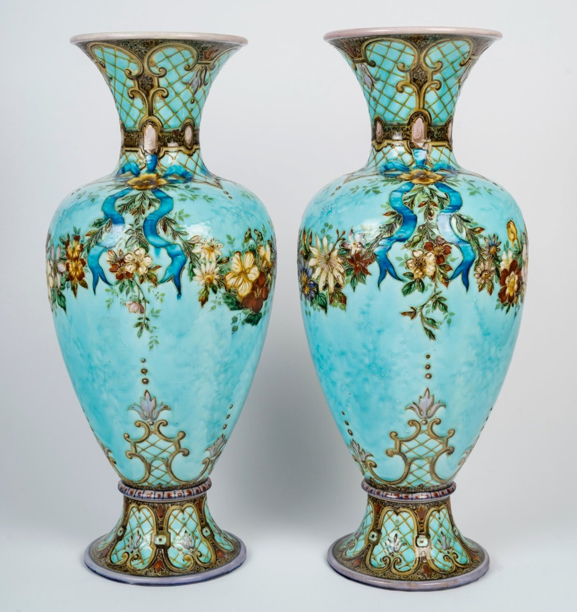 Théodore Deck (1823-1891) Paire de Vases en Faïence Polychrome, Circa 1870-photo-2