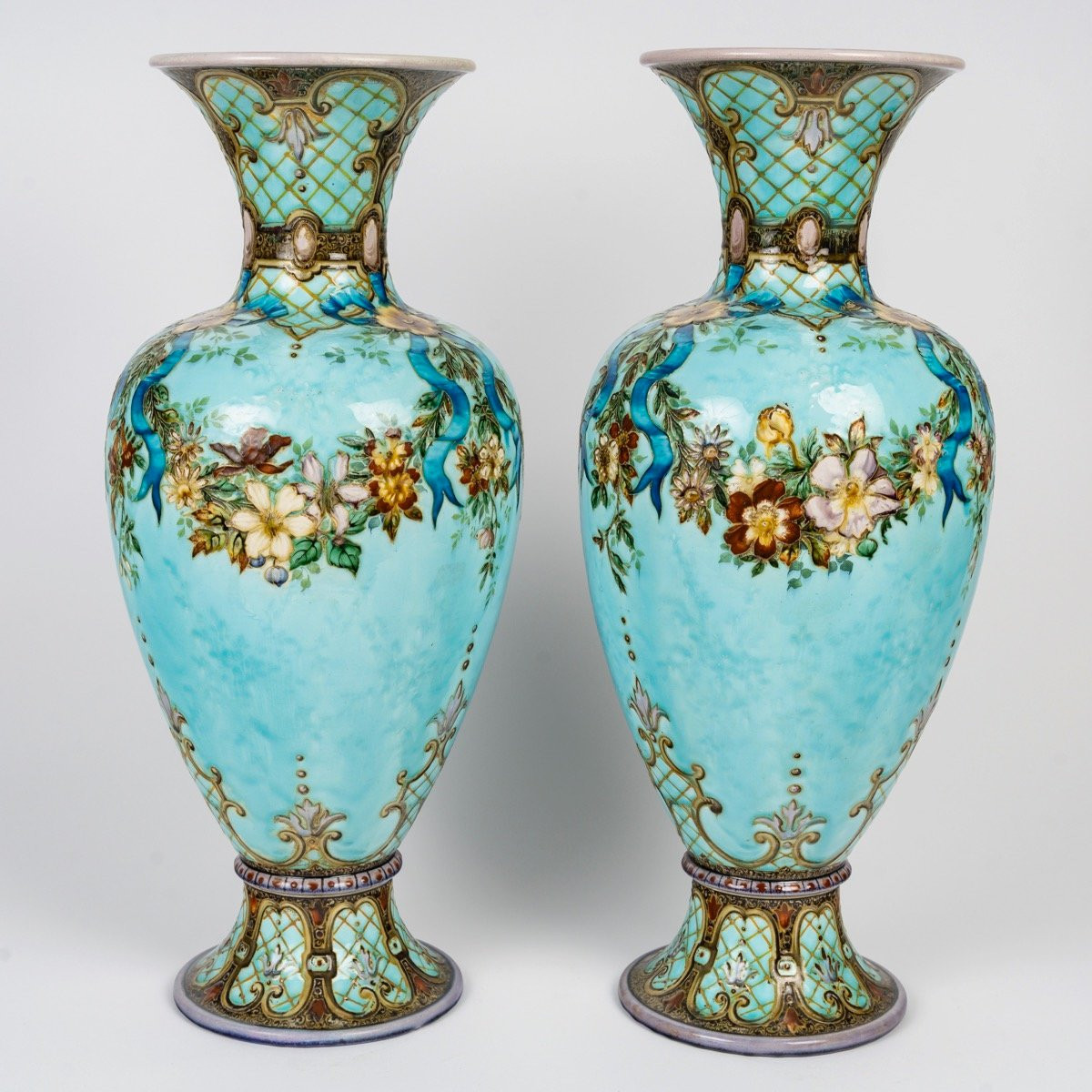 Théodore Deck (1823-1891) Paire de Vases en Faïence Polychrome, Circa 1870-photo-3