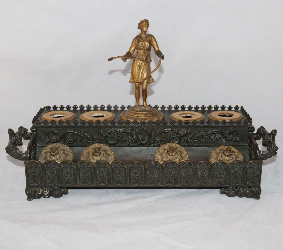 A French Neo-gothic Bronze Inkwell Circa 1850-photo-2