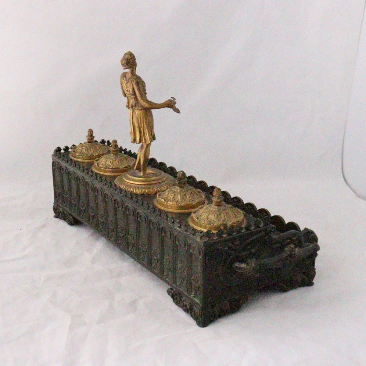 A French Neo-gothic Bronze Inkwell Circa 1850-photo-2