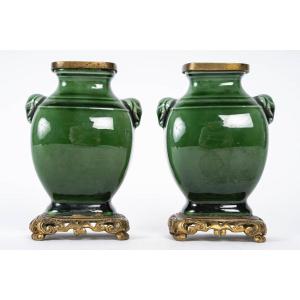 Théodore Deck (1823 - 1891) Pair Of Miniature Earthenware Vases, Circa 1870