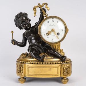 A French 19th Century Mantel Clock  “cupid With The Drum” Circa 1875