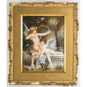 Cherubs By The Fountain, Polychrome Porcelain Plaque, Circa 1900