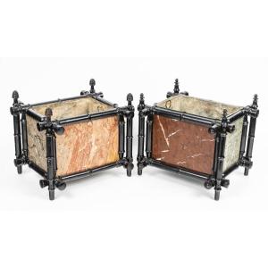 Pair Of Antiques Simulating-bamboo And Marble Jardinieres, Circa 1900