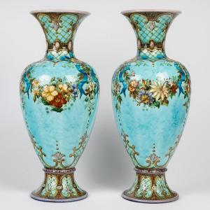 Théodore Deck (1823-1891) Large Pair Of Faience Vases Circa 1870