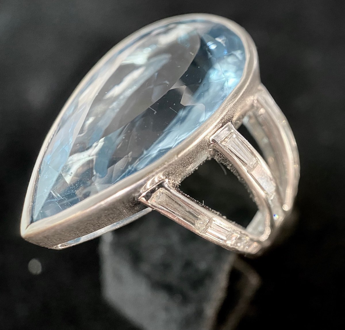 White Gold Ring Set With An Aquamarine Of Approximately 30 Carats Surrounded By 1.50 Carats Of Diamond