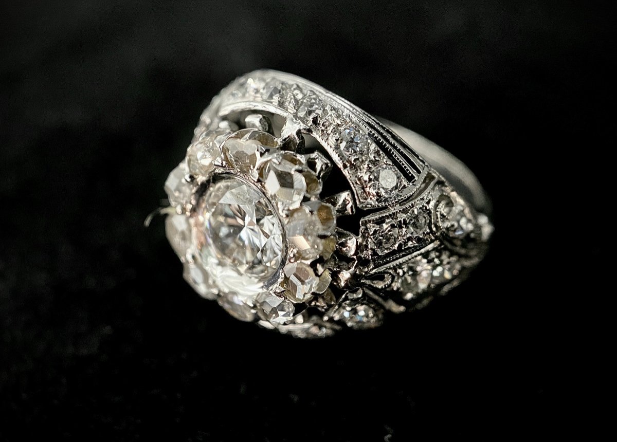 19th Century Ring In White Gold Set With A 1 Carat Brilliant (vs) + 40 Rose Cut And 8/8 Diamonds-photo-3