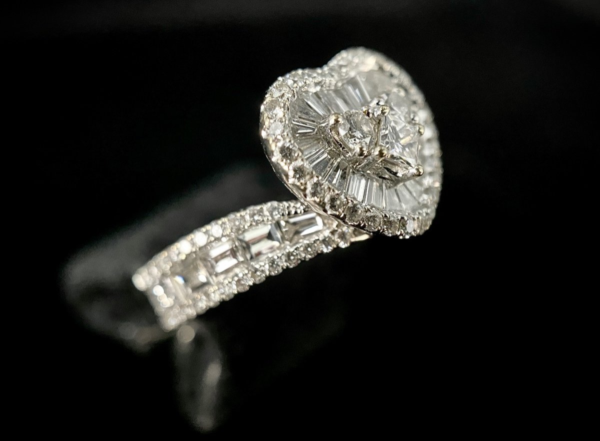 18k White Gold Ring Set With 3.16 Carats Of Baguette, Brilliant And Princess Diamonds