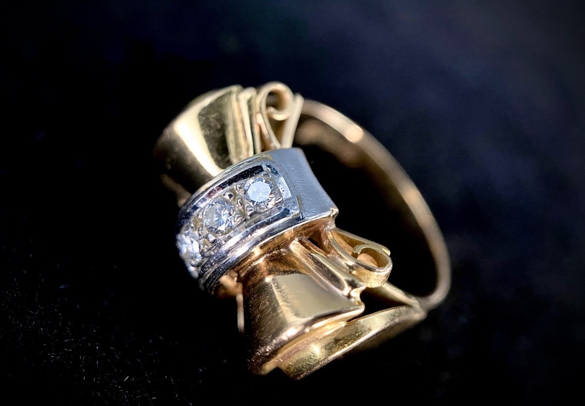 Bague d'époque 1940 En Or Bicolore 18k Sertie De 4 Diamants Totalisant 0,20 Carat-photo-2