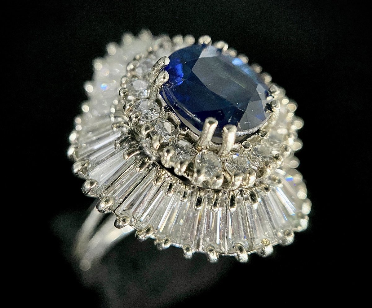 18k White Gold Skirt Ring Set With A 2.25 Carat Sapphire And 4 Carats Of Diamonds