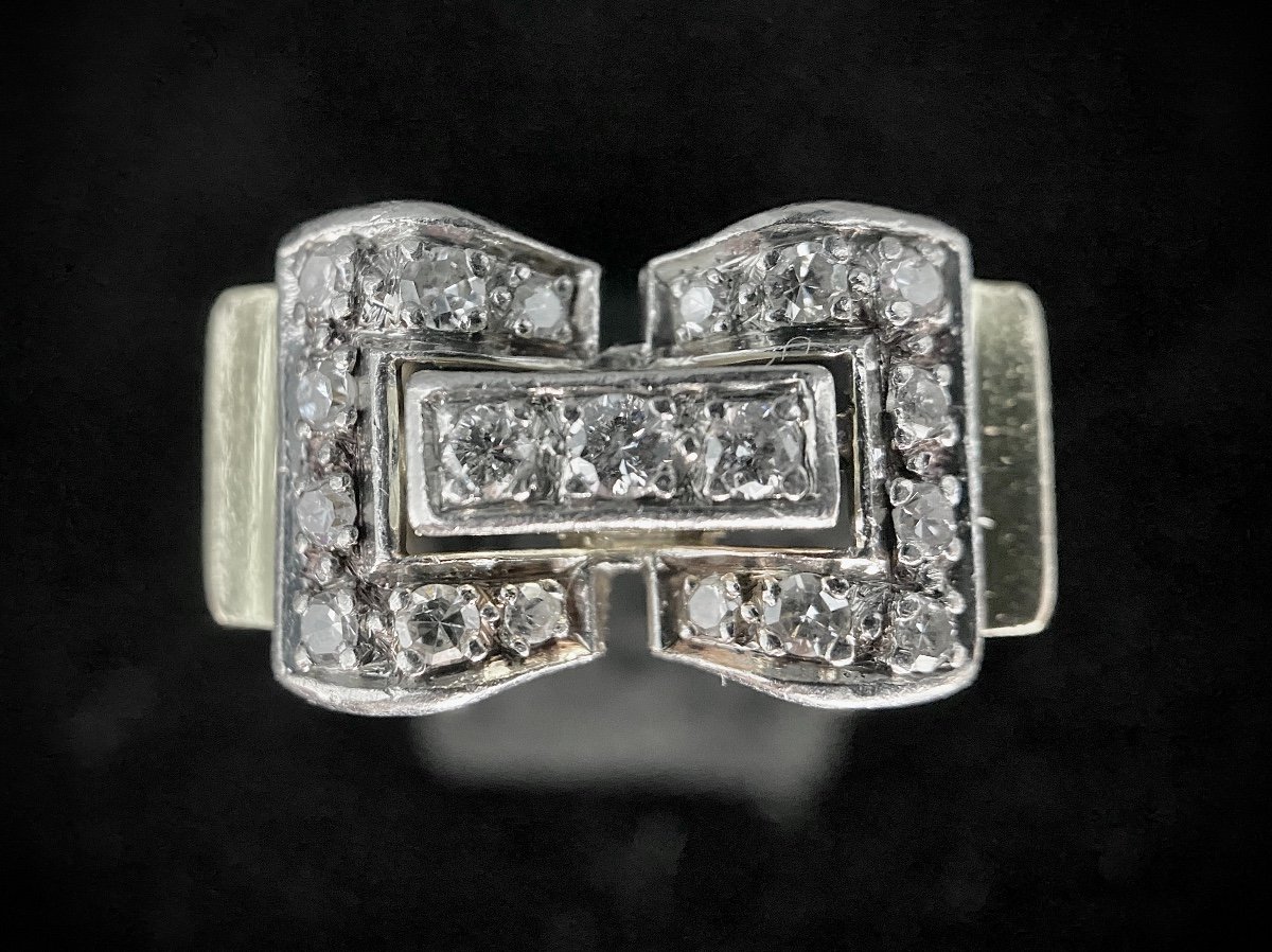 Bague Tank Noeud, d'époque 1940/50, En Or Bicolore, Orné De 19 Diamant Total: 0,88 Ct (si-g/h)-photo-2