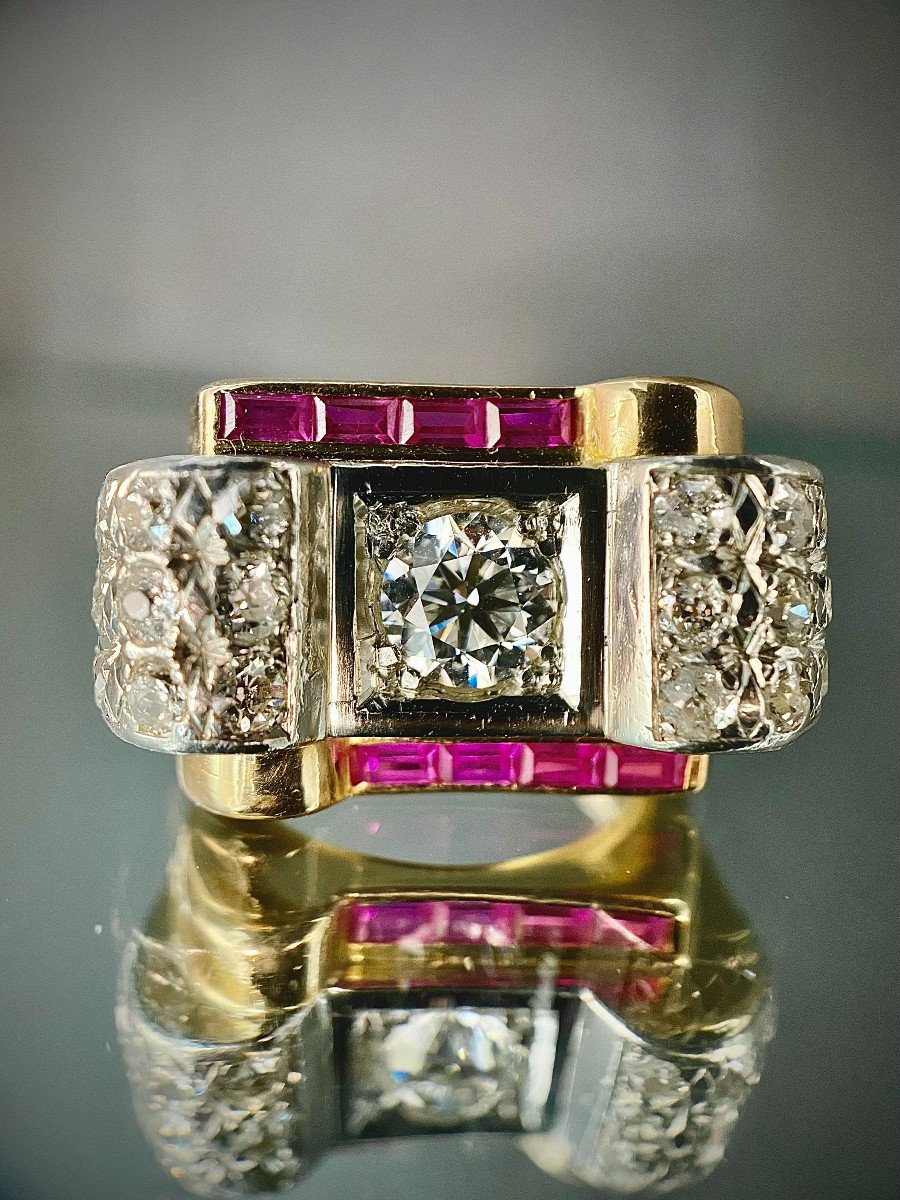 Knot Ring Year 40 Rose Gold And Platinum Set With A 0.80 Carat Diamond (vs-e/f) And Ruby-photo-3