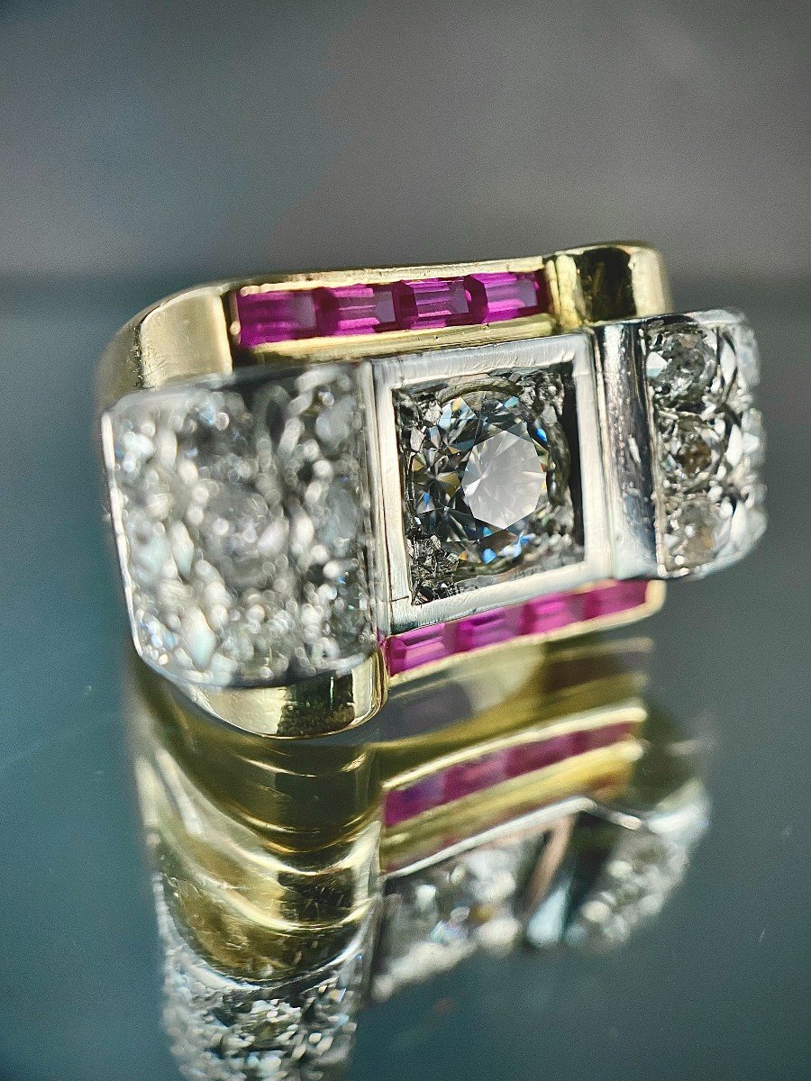 Knot Ring Year 40 Rose Gold And Platinum Set With A 0.80 Carat Diamond (vs-e/f) And Ruby-photo-4